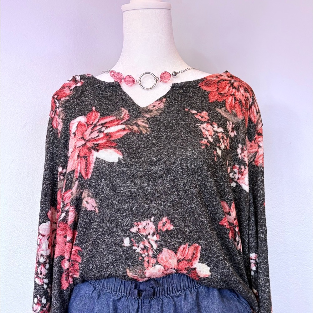 Pink and Gray Floral Relaxed Long Sleeve Blouse